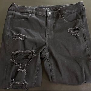 AMERICAN EAGLE WOMENS DREAM STRETCH JEGGING DESTROYED BLACK 10L/30W